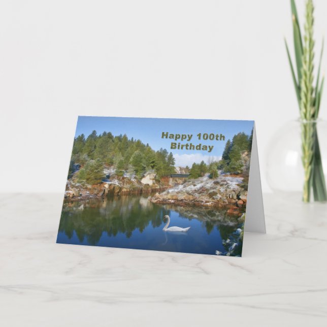 Birthday, 100th, Mountain Lake, Swan Card (Front)