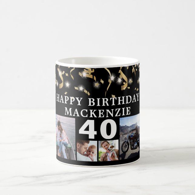 Birthday 10 Photo Black Gold Confetti Lights Coffee Mug (Center)