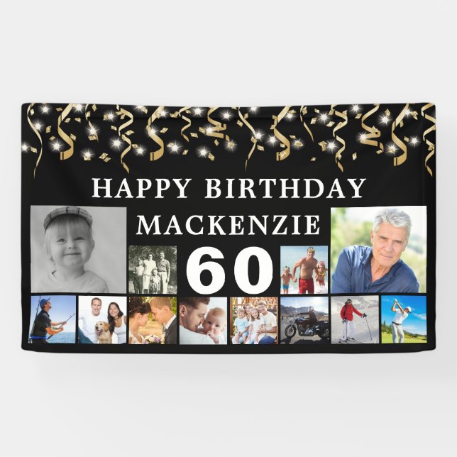 Birthday 12 Photo Black Gold Confetti Any Year Banner (Horizontal)