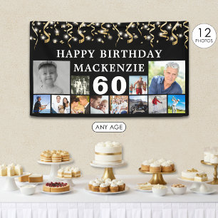 Birthday 12 Photo Black Gold Confetti Any Year Banner