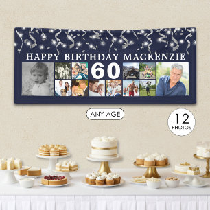 Birthday 12 Photo Collage Blue Silver Confetti Banner