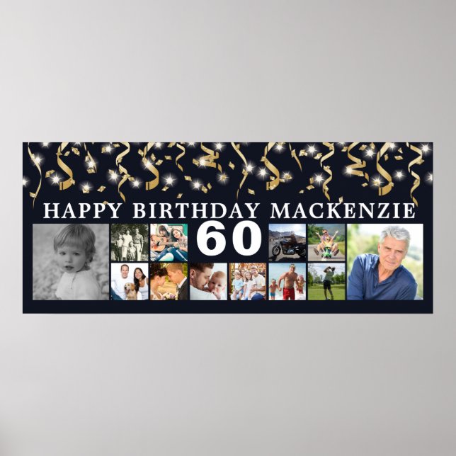 Birthday 12 Photo Gold Streamers Custom Color Poster (Front)