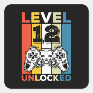 Birthday 12th Level Unlocked 12 Gaming Vintage Square Sticker