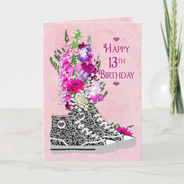 Birthday 13th, Girls, Fancy Sneakers black/White Card (Front)