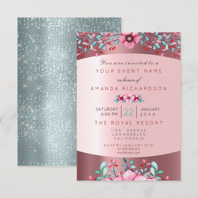 Birthday 16th Bridal Floral Pink Aqua Rose Sparkly Invitation (Front/Back)