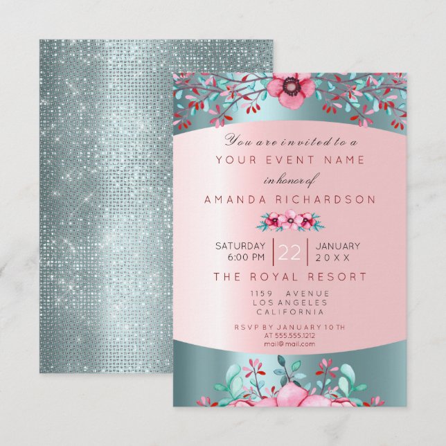 Birthday 16th Bridal Floral Pink Blue Water Aqua Invitation (Front/Back)