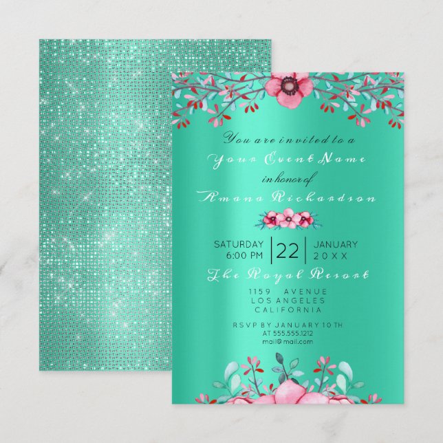 Birthday 16th Bridal Floral Pink Mint Rose Glitter Invitation (Front/Back)