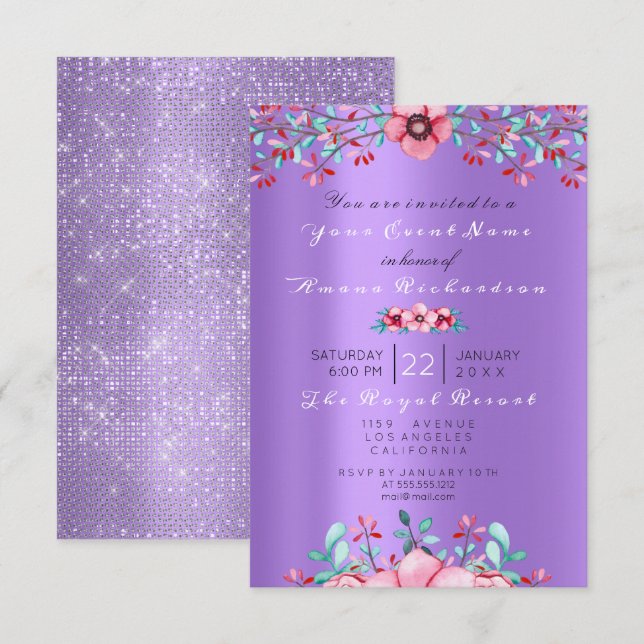 Birthday 16th Bridal Floral Pink Purple Sparkly Invitation (Front/Back)