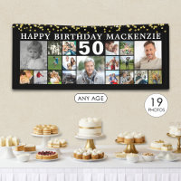 Birthday 19 Photo Collage Black Gold Confetti