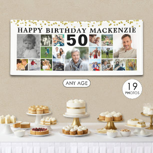 Birthday 19 Photo Collage Gold Confetti Custom Banner