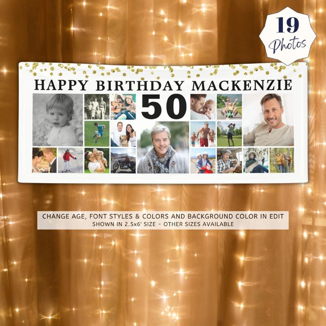 Birthday 19 Photo Collage Gold Confetti Custom Banner (Creator Uploaded)