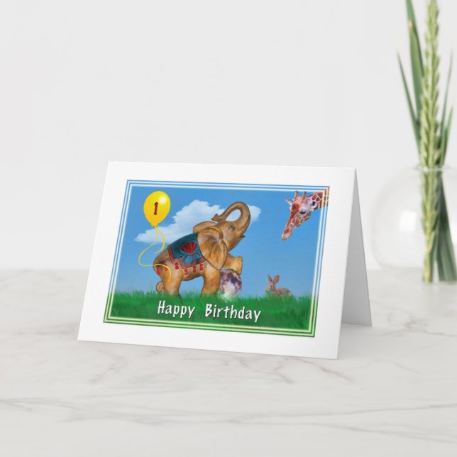 Birthday, 1st, Elephant, Giraffe, Rabbit, Balloon Card (Front)