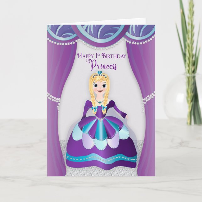 Birthday, 1st Princess Dressed in Purple Blue Gown Card (Front)