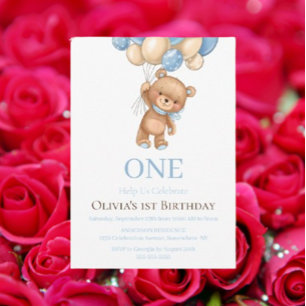 Birthday 1st Teddy Bear Balloon Boy Invitation 