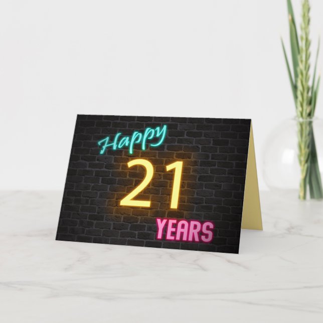 Birthday 21 neon sign on brick card (Front)