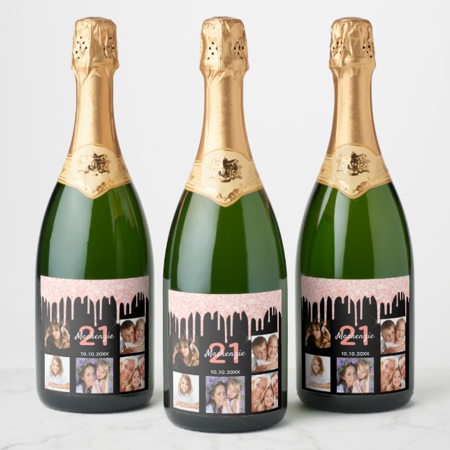 Birthday 21 photo black rose gold name sparkling wine label (Bottles)