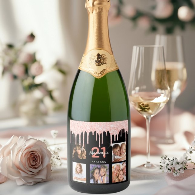 Birthday 21 photo black rose gold name sparkling wine label (Creator Uploaded)