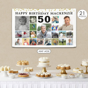 Birthday 21 Photo Collage Gold Confetti Custom Banner