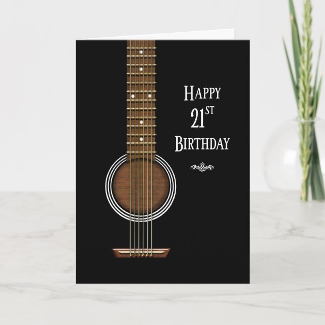 Birthday, 21st, Black Acoustic Guitar Card (Front)