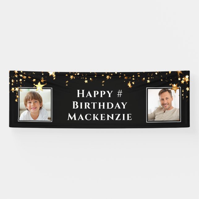 Birthday 2 Photo Black Gold Stars Personalised Banner (Horizontal)