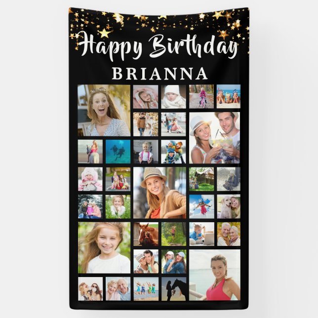 Birthday 33 Photo Collage Black Gold Stars Banner (Vertical)
