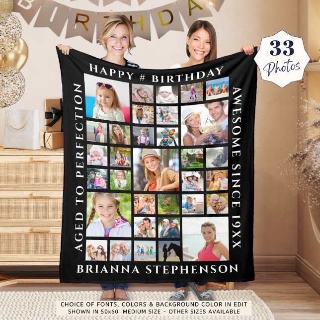 Birthday 33 Photo Collage Custom Personalised Fleece Blanket (Creator Uploaded)