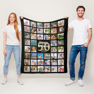Birthday 44 Photo Collage Any Age Black Gold Fleece Blanket