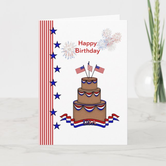 Birthday 4th of July.USA flag, stars,stripes,cake Card (Front)