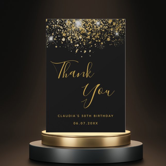 Birthday 50 black gold glitter glamorous thank you card (Creator Uploaded)