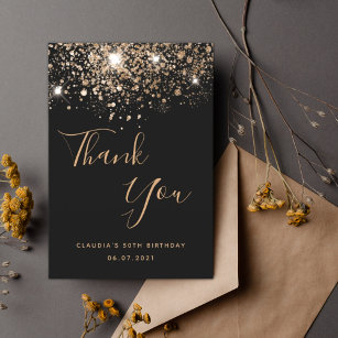 Birthday 50 black gold glitter glamourous thank you card