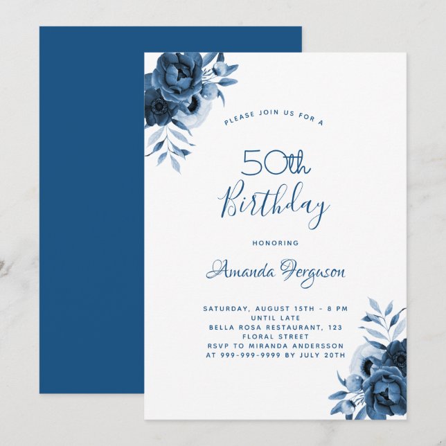 Birthday 50 blue florals white script invitation (Front/Back)