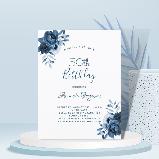 Birthday 50 blue florals white script postcard (Creator Uploaded)