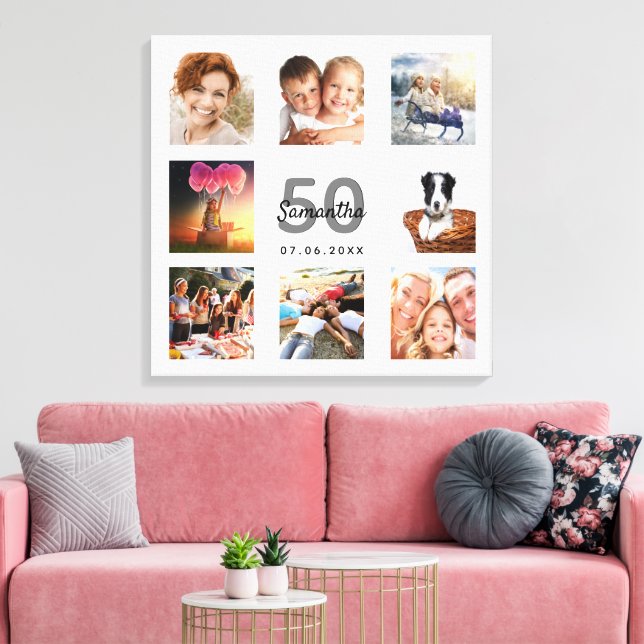 Birthday 50 custom photo collage white monogram canvas print (Insitu(LivingRoom))