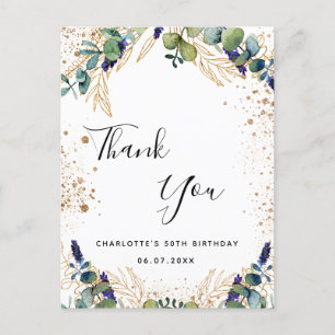 Birthday 50 eucalyptus greenery thank you postcard