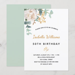 Birthday 50 floral eucalyptus gold green elegant invitation