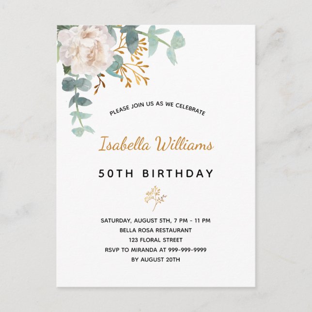 Birthday 50 floral eucalyptus gold green elegant postcard (Front)