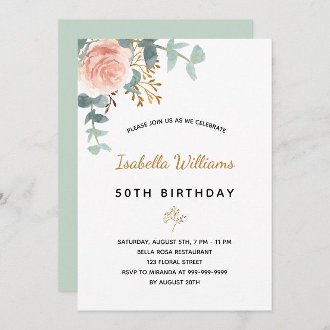 Birthday 50 floral eucalyptus rose gold elegant invitation (Front/Back)