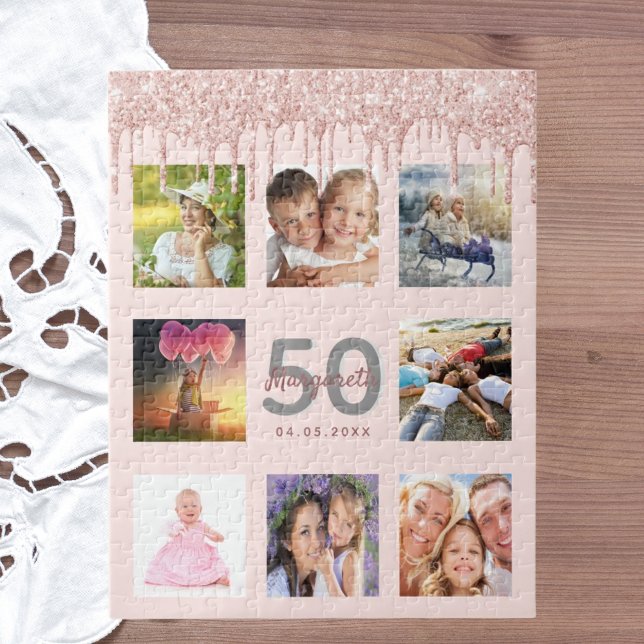 Birthday 50 glitter drips photo rose gold pink jigsaw puzzle (Creator Uploaded)