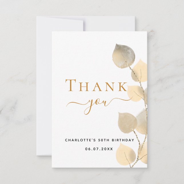 Birthday 50 golden eucalyptus elegant thank you card (Front)
