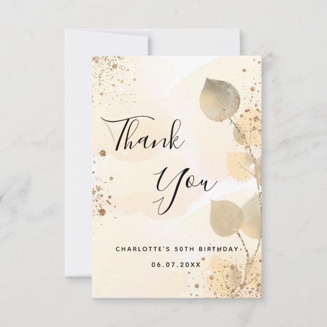 Birthday 50 golden eucalyptus modern glitter thank you card (Front)