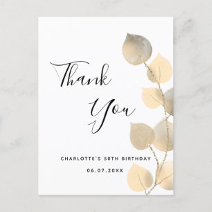 Birthday 50 golden eucalyptus thank you postcard