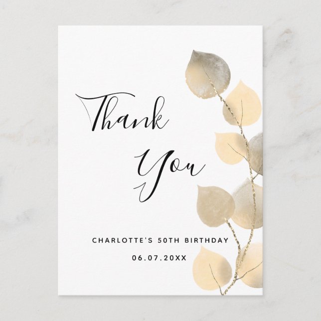 Birthday 50 golden eucalyptus thank you postcard (Front)