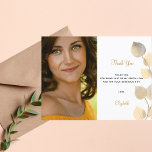 Birthday 50 golden eucalyptus thank you postcard<br><div class="desc">A modern and elegant photo thank you card. A chic white background decorated with golden eucalyptus foliage. Personalise and add your photo, your thank you note and name. Back: postcard design. Tip: If you don't want it to look like a postcard, click customise, go to the back and remove the...</div>