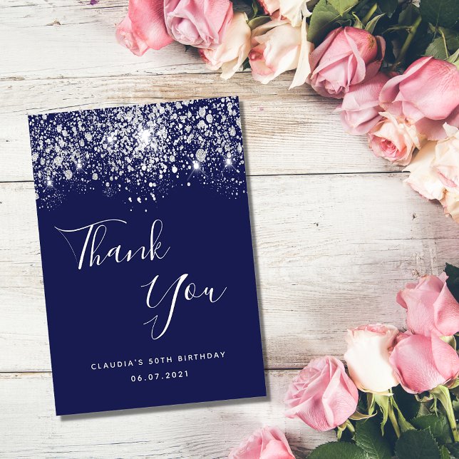 Birthday 50 navy blue silver glitter thank thank you card (Creator Uploaded)