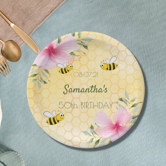 Birthday 50 party happy bumble bees honeycomb paper plate (Creator Uploaded)