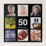 Birthday 50 photo collage guy man black jigsaw puzzle<br><div class="desc">A gift for a man's 50th (or any age) birthday,  celebrating his life with a collage of 8 of your photos.  Templates for age 50 and a date.  Date of birth or the date of the anniversary.  White colored letters.  Black background.</div>