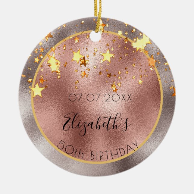 Birthday 50 rose gold shiny stars name ceramic tree decoration (Front)