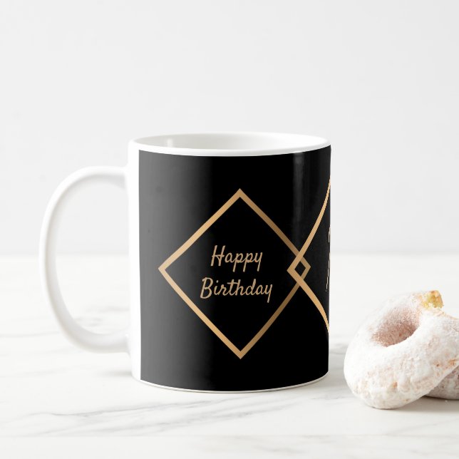 Birthday 50th Black Gold Monogram Personalise Coffee Mug (With Donut)