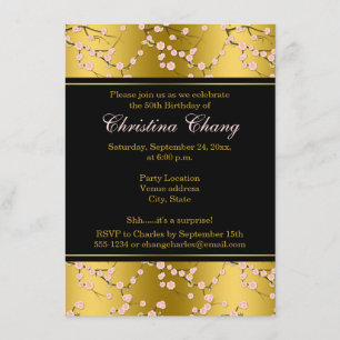Birthday 50th Gold, Black Cherry Blossoms Invitation