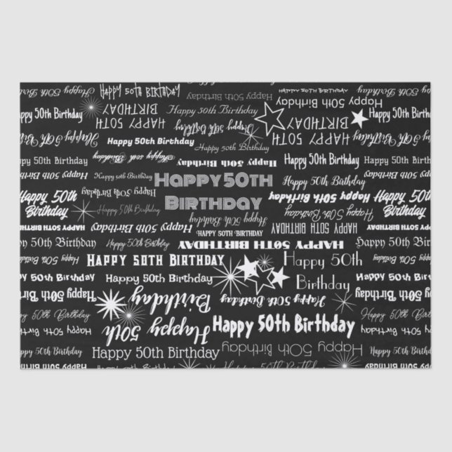Birthday 50th or Any Age White Fonts Blk Back Tissue Paper (Front)